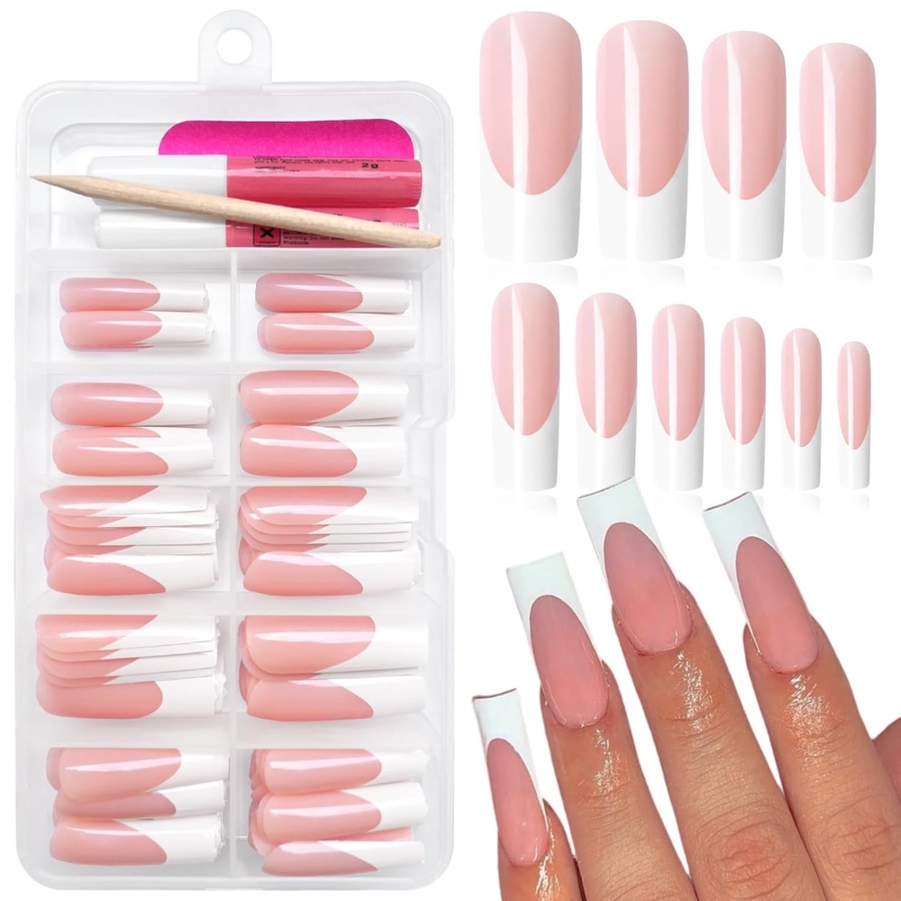 Pink And White French Tip Long Square Nails